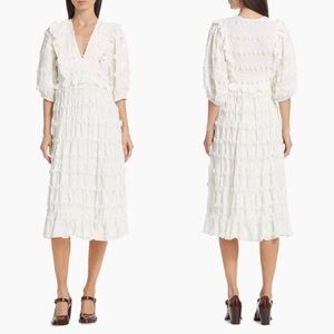 FARM Rio Ruffles Tassels Tiered Puff-Sleeve Midi-Dress Off-White NWT $350 S